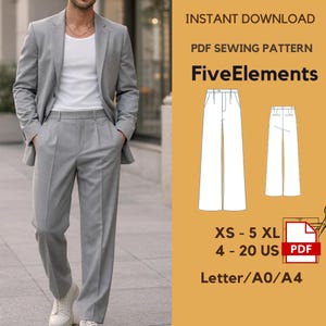 May include: A light gray suit with a matching blazer and trousers. The image also features a PDF sewing pattern with the text "FiveElements", sizes XS to 5XL, and US sizes 4-20. The pattern is available in Letter/A0/A4 formats.