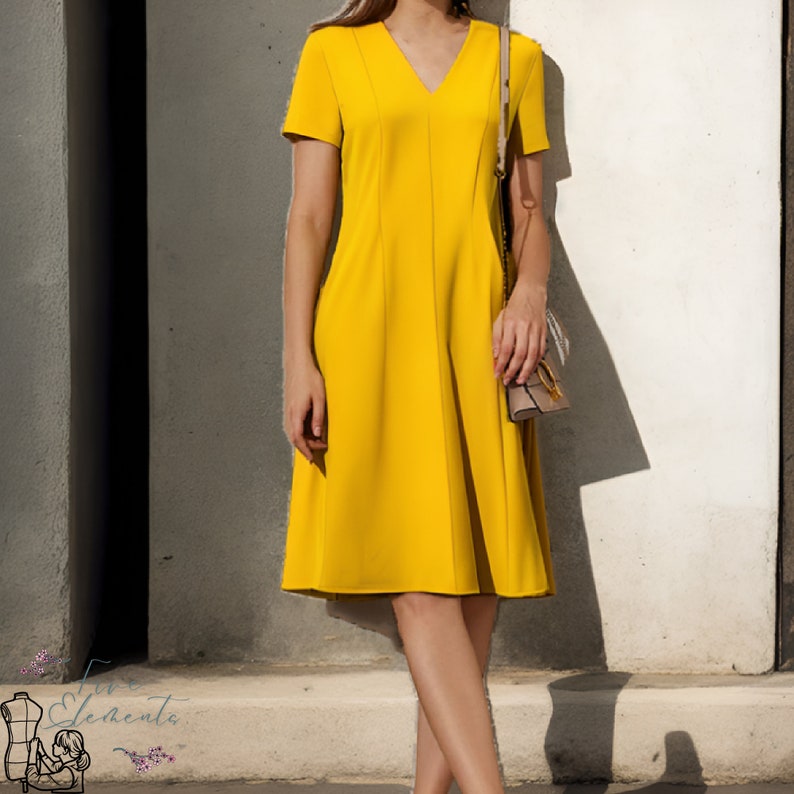 May include: A bright yellow knee-length dress with a V-neck and short sleeves. The dress has a fitted bodice and a slightly flared skirt.