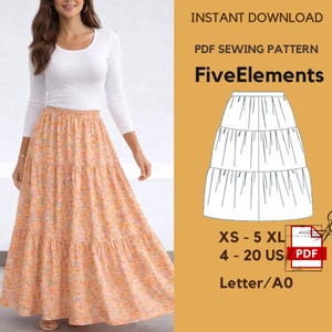 May include: A long, tiered skirt with a floral pattern in shades of peach and orange. The skirt is paired with a white long-sleeve top. The image also includes a PDF sewing pattern with the text "FiveElements" and size range XS-5XL.