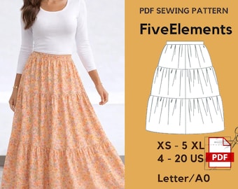 Tiered Maxi Skirt Sewing Pattern PDF | Women's Long Gathered Tiers | XS–5XL | Instant Download
