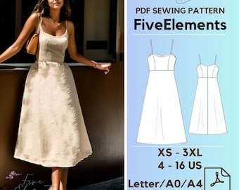 Midi Dress Sewing Pattern Digital Sewing Pattern PDF A-Line Dress Pattern Midi Dress Sewing Pattern