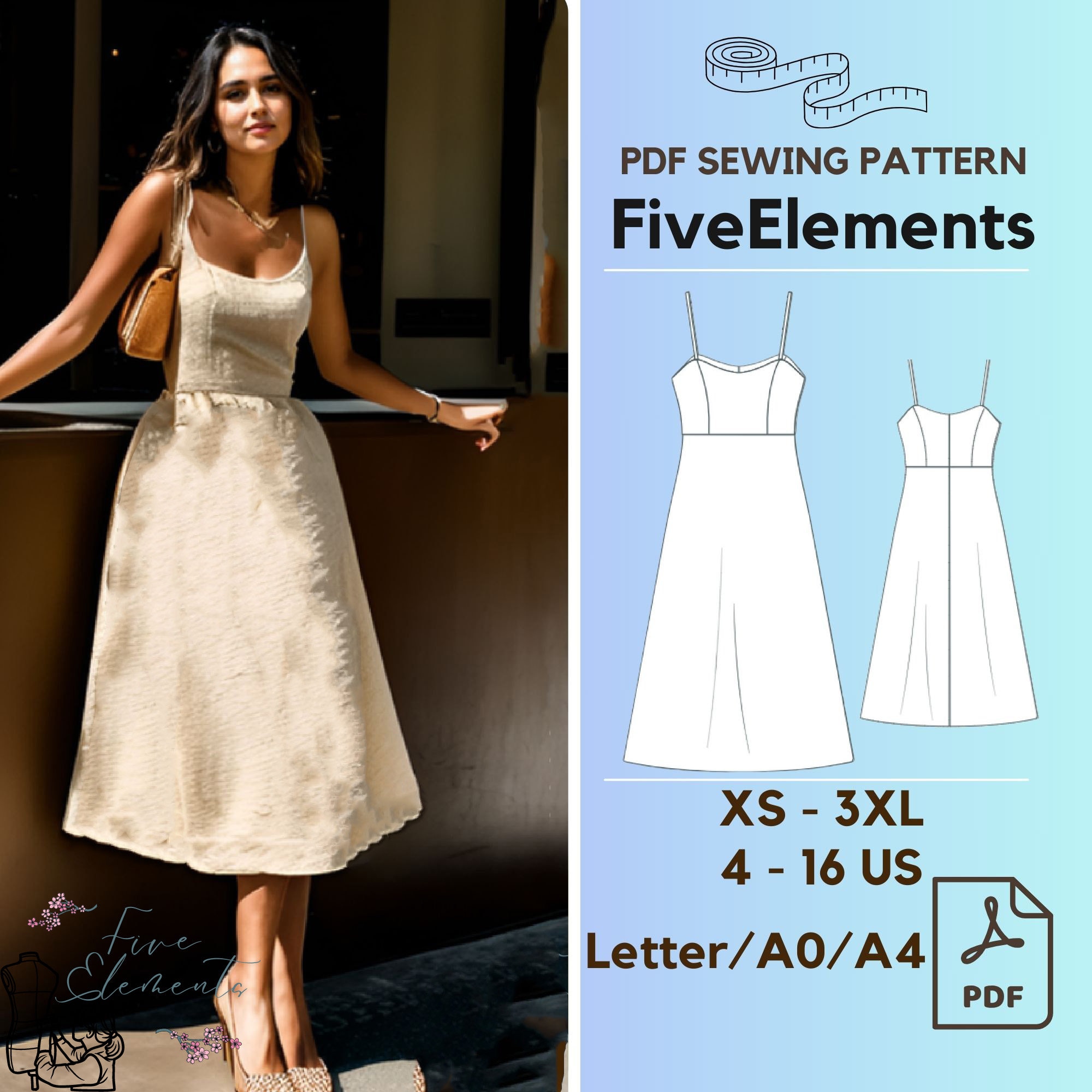 Midi Dress Sewing Pattern Digital Sewing Pattern PDF A-Line Dress Pattern Midi Dress Sewing Pattern