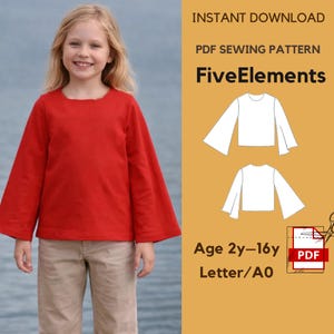 May include: A young girl wearing a red long-sleeved shirt and khaki pants. The image includes a PDF sewing pattern with the text "FiveElements" and "Age 2y-16y". The pattern includes illustrations of a shirt.