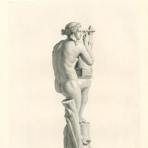 May include: A black and white engraving of a statue of Apollo playing a lyre. The statue is standing on a pedestal and is depicted in a classical style. The engraving is titled "Apollo Udaredo" and includes text about the statue's location and significance.