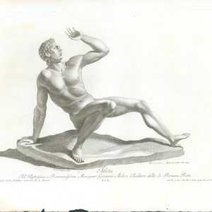 May include: A black and white engraving of a nude male figure, known as the "Atleta", in a seated pose. The figure is depicted with a muscular physique and is looking upwards. The engraving is titled "Atleta" and includes the text "All' Illustrissimo & Reverendissimo Monsignor Giovanni Molino, Auditore della S. Romana Rota."