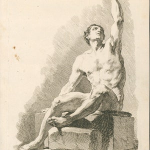 Può includere: Un disegno in bianco e nero di una figura maschile nuda seduta su un blocco, con un braccio alzato sopra la testa.