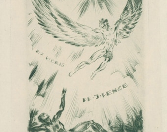 Antique Icarus Engraving: 1800s Exlibris Bookplate Art
