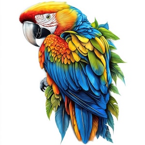 Puede incluir: Una ilustración colorida de un loro guacamayo azul, amarillo, rojo y naranja con hojas verdes. El loro está mirando hacia la izquierda y tiene un pico largo y curvo.
