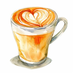 May include: A glass mug filled with a light brown coffee drink with a heart-shaped design in the foam on top.