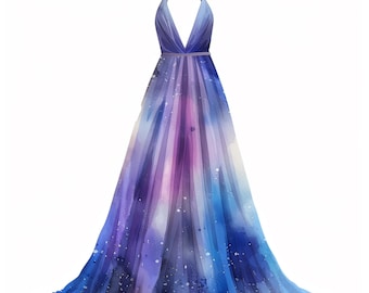 May include: A long, flowing halter-style gown with a deep V-neckline. The gown is made of a sheer fabric with a galaxy print in shades of blue, purple, and pink.