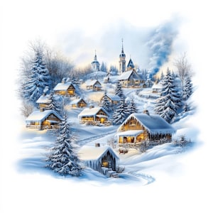 19 Vinterby Clipart | Mysiga snöiga byar i akvarell för juldekorationer och dagböcker jpg – Utskrivbara | Kommersiellt bruk