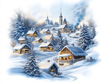May include: A winter landscape painting depicts a snow-covered village nestled among evergreen trees. Cozy cabins and a church with a steeple are illuminated by warm light, contrasting with the cool blue and white of the snow and sky. Smoke rises from chimneys.