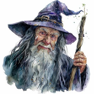 以下が含まれることがあります： 白い長いひげと紫色の帽子をかぶった魔法使いの水彩画。彼は緑色の芽がついた木の杖を持っている。魔法使いは真剣な表情をしている。