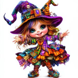 Puede incluir: Ilustración de un niño sonriente disfrazado de bruja. El niño lleva un vestido de retazos de colores vibrantes, un sombrero morado alto con adornos y zapatos azules. La imagen tiene un estilo de dibujos animados, ideal para Halloween.