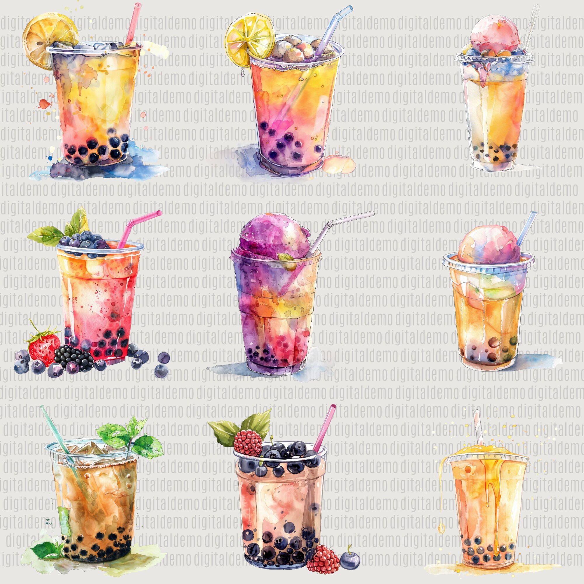 50 Watercolor Bubble Tea Clipart PNG Bundle - - Personal and Commercial ...