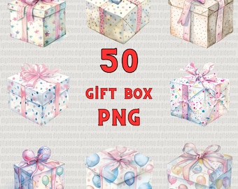 May include: Watercolor illustrations of gift boxes with various patterns, including stars, polka dots, and confetti. Each box is adorned with a ribbon and bow. The image also includes the text "50 GIFT BOX PNG."