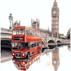 Puede incluir: Un autobús rojo de dos pisos con las palabras "London" y "077" en el lateral, pasando por el Big Ben y otros edificios de Londres.