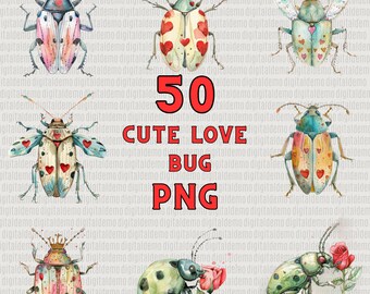 Paquete de 50 imágenes prediseñadas de bichos de amor en acuarela (PNG) - Uso personal y comercial