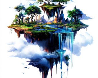 19 Floating Island Clipart  High Res Watercolor Fantasy JPGs Magical Landscapes, Junk Journals, Scrapbooking, Storybook Art Digital Download
