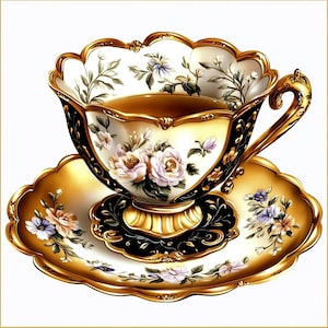 May include: A decorative teacup and saucer set. The teacup and saucer are white with gold trim and floral designs. The teacup has a black accent on the exterior. The saucer has a matching floral design and gold trim.