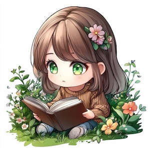 19 illustrations de clipart fille lisante réfléchie lisant pour journaux intimes jpg, décoration sur le thème du livre, projets créatifs, produits imprimables, usage commercial