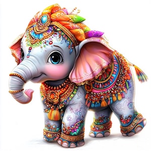 Puede incluir: Una ilustración caprichosa de un elefante bebé adornado con decoraciones vibrantes y ornamentadas. El elefante presenta un cuerpo gris claro, ojos azules grandes y mejillas rosadas. Lleva un tocado y joyas coloridas, con intrincados patrones en tonos naranja, azul y dorado.
