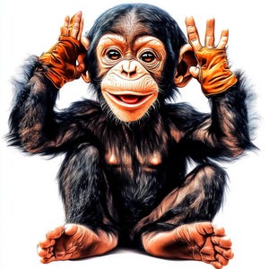 May include: A black and brown chimpanzee with orange gloves covering its hands, sitting with its legs crossed and looking at the camera with a smile.