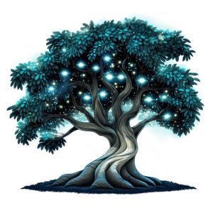 May include: An illustration of a stylized tree with a thick, twisting trunk and branches. The leaves are a teal color, and the tree is illuminated with glowing white lights. The tree sits on a patch of dark blue grass against a white background.