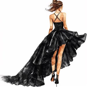 Könnte beinhalten: Eine Aquarell-Illustration einer Frau in einem schwarzen High-Low-Kleid mit einem Volant-Rock und hohen Schuhen.