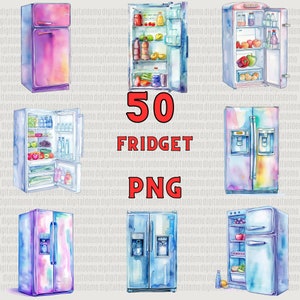 Op de afbeelding: Een set van 50 aquarel illustraties van koelkasten in verschillende kleuren en stijlen. De koelkasten zijn open en gesloten, en sommige hebben voedsel erin. De illustraties zijn perfect voor gebruik in digitaal scrapbooken, kaart maken en andere knutselprojecten.