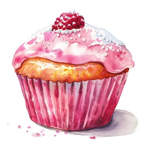 May include: A pink cupcake with white icing and a red raspberry on top. The cupcake is in a pink paper case and has a yellow cake base.