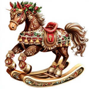 Op de afbeelding: Een decoratief bruin schommelpaard met een feestelijk kerstthema. Het paard heeft een rood zadel, gouden accenten en is versierd met hulst en bessen. Het schommelpaard is een charmante vakantiedecoratie.