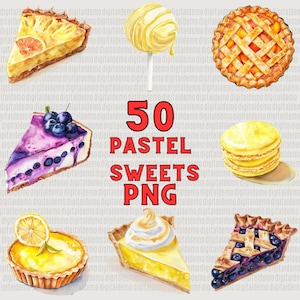 Paquete de 50 imágenes prediseñadas PNG de dulces en acuarela pastel - Uso personal y comercial