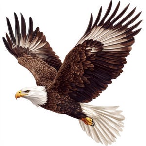 May include: A detailed illustration of a bald eagle in flight. The eagle has brown feathers on its body and wings, with white feathers on its head and tail. Its beak is yellow, and its talons are visible.