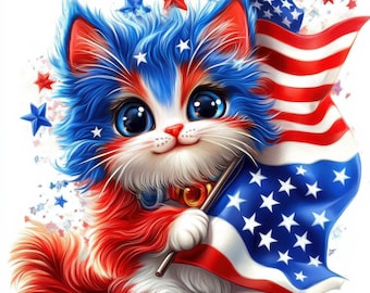 19 4th of July Cat Clipart – High Res Watercolor JPGs | Patriotic Cat Illustrations | Independence Day Art | Junk Journals, Scrapbooking,