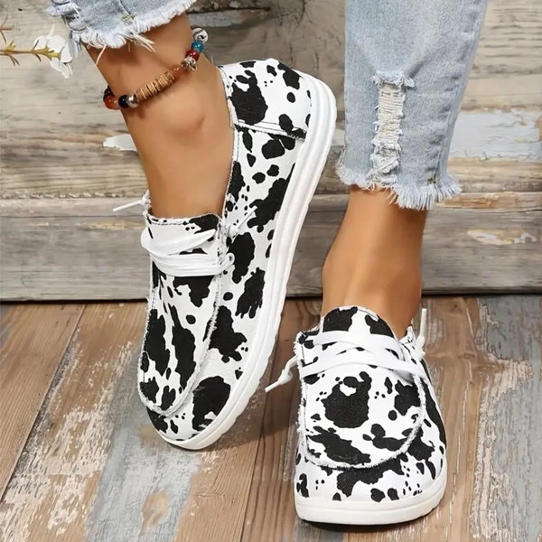 Cow Print Canvas Shoes, Country Western Slip on Shoes, Cow Pattern Slippers, Womens Shoes, Cowgirl Shoes, Custom Made Shoes