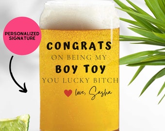 Congrats on being my Boy toy Glass Beer Can, VALENTINES Day Gift | Glass Cup | Boyfriend Gift, Personalized Gift, Gift for him