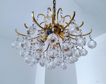 Large Mid Century Modern Brass and Crystal Glass Chandelier/ Hollywood Regency Chandelier/ by Palwa/ Germany/ 1960s
