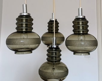 Mid-Century Modern Cascading Lamp with four Glass Lampshades | Space Age Grey Glass Pendant/ Vintage Glass Pendant/ 70s Light