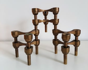 Set of 6 Modular Brutalist Candle Holders/ Vintage Solid Brass Candelbras/ Mid Century Modern Candle Holders/ 1970s