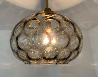 Vintage Smoked Glass Pendant / Textured Glass Ceiling Lamp / Mid Century Brass Glass Light / Glass Chandelier / 70's