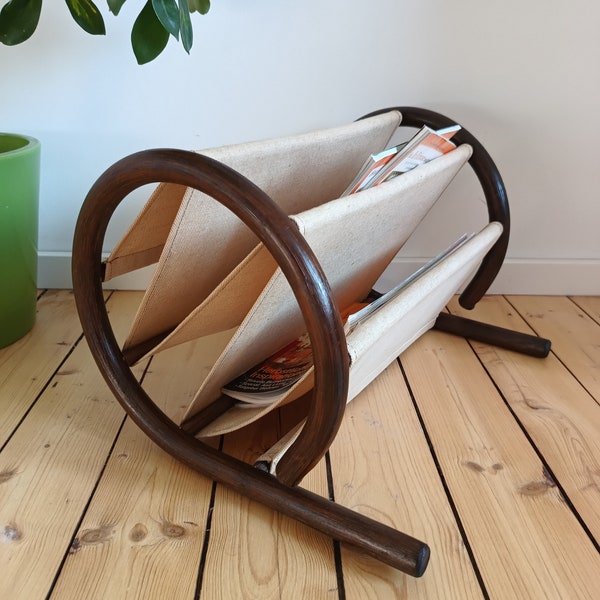 Vintage Magazine Rack/ Bamboo Linen Newspaper Rack/ Boho Style Magazine Rack /1960's.