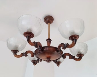 Lampadario XL Art Déco/ Lampada a sospensione/ Lampada a sospensione vintage/ Plafoniera in vetro e legno/ Art Déco/ Lampadario