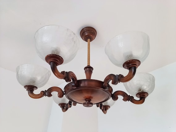 XL Art Deco Chandelier/ Pendant/ Vintage Pendant/ Wood Glass Ceiling Light/ Art Deco/ Light Fixture