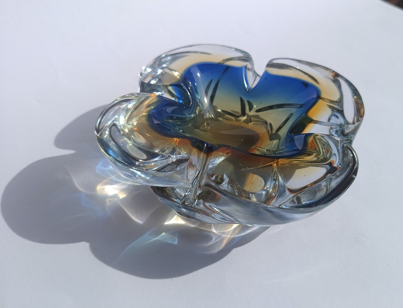 Art Glass Murano/ Glass Bowl/ Murano Glass Ashtray/ Blue Orange Mouth Blown/ Italian Glass Bowl/ 70's image 7