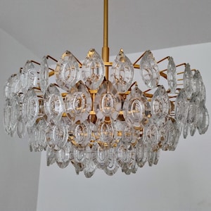 Large Mid Century Modern Brass and Crystal Glass Chandelier/ Hollywood Regency Chandelier/ by Palwa/ Germany/ 1960s