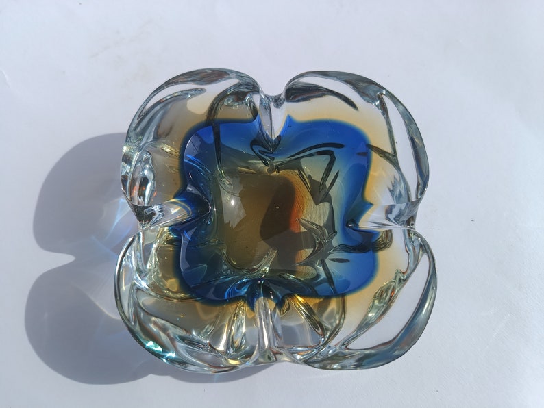Art Glass Murano/ Glass Bowl/ Murano Glass Ashtray/ Blue Orange Mouth Blown/ Italian Glass Bowl/ 70's image 4