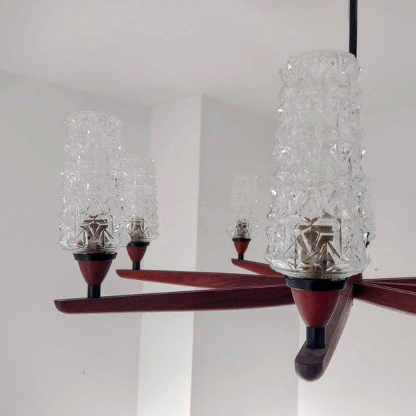 Vintage Teak Glass Chandelier/Mid Century Modern Spider Chandelier/Sputnik Ceiling Lamp/ Scandinavian/Danish Design/Uno & Osten Kristiansson