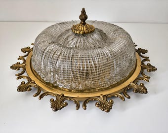 Vintage Flush Mount Ceiling Light/ Mid Century Glass Brass Ceiling Lamp/ Hollywood Regency Light Fixture/ Ornate Brass Ribbed Glass Dome
