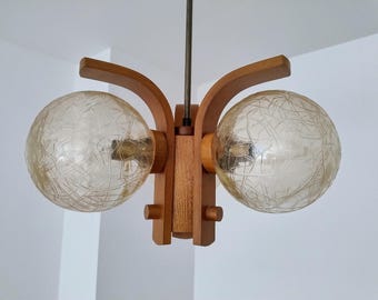 Vintage Wood Textured Glass Ceiling Light/ Sputnik Glass Wood Light Fixture/ Mid Century Modern Hanging Lamp/ 70s Pendant Light/ by Temde